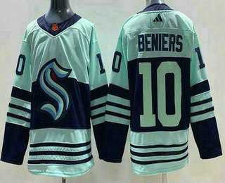 Men%27s Seattle Kraken #10 Matthew Beniers Light Green 2022 Reverse Retro Authentic Jersey